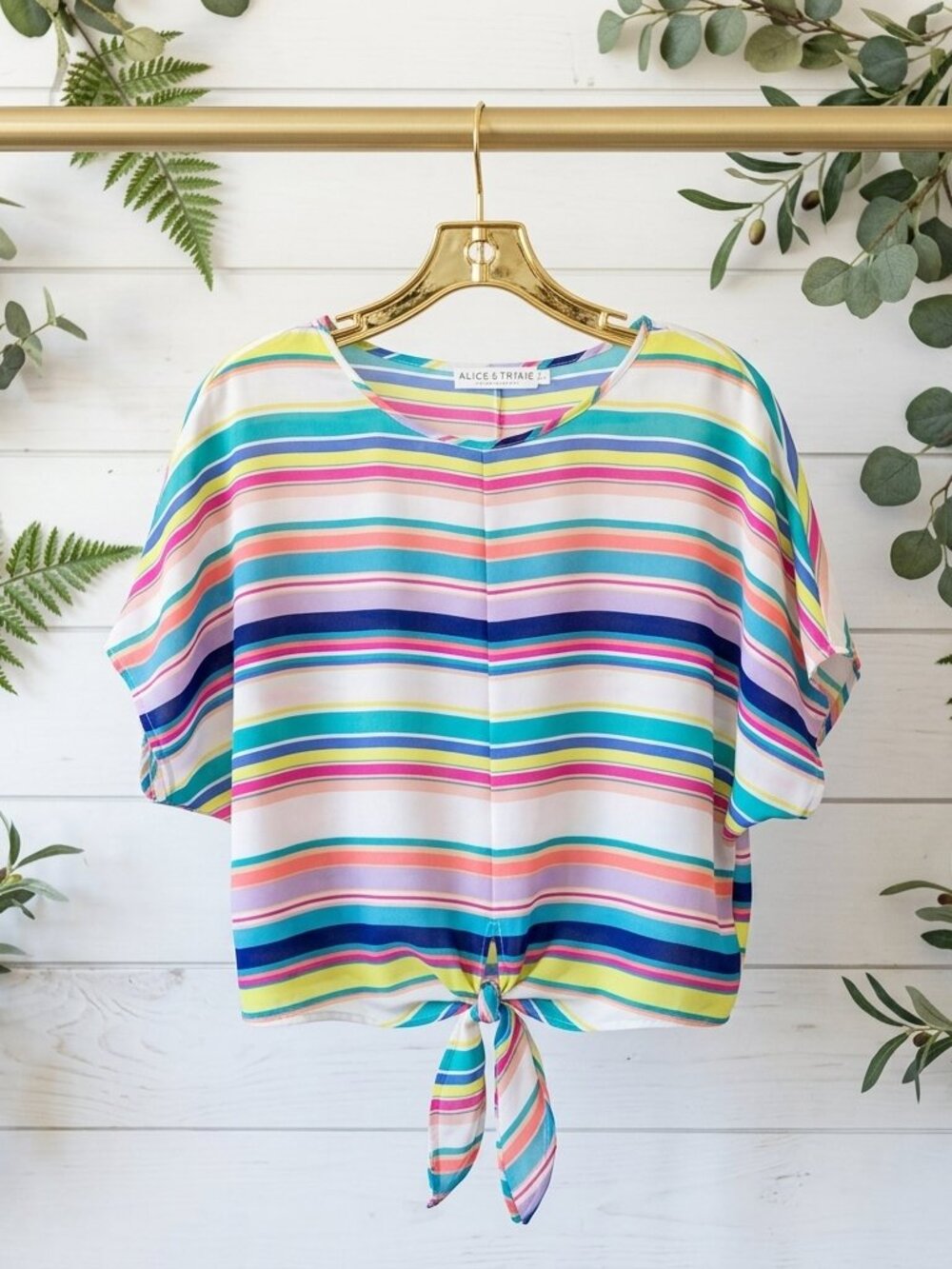Alice & Trixie Top XS 100% Silk Bright Striped Rainbow Dolman Blouse Tie Boxy